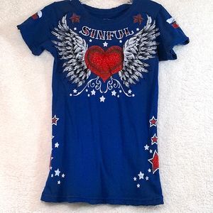 Sinful by Affliction Blue Stars and Hearts Top